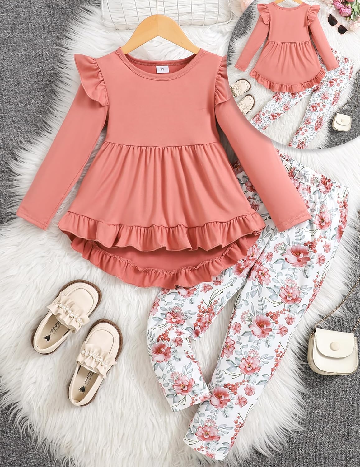 Doresbebe Toddler Girl Clothes Kid Fall Outfit Ruffle Sleeve Shirt Top Floral Pants Winter Clothing Set