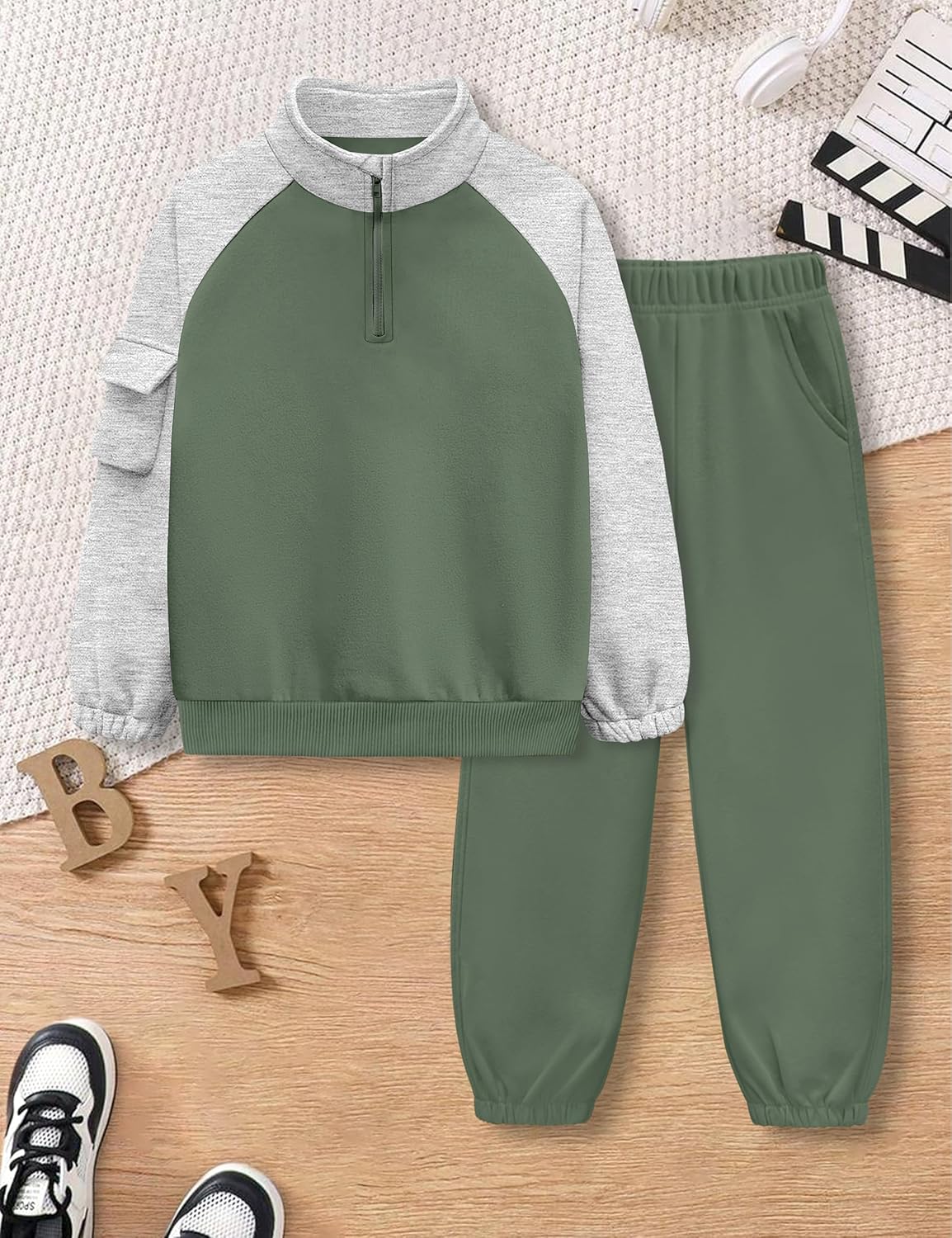 ADIRUN Boys Clothes Quarter Zip Long Sleeve with Pocket Sweatshirt Pants 2Pcs Color Block Fall Winter Outfits Set 6-12T