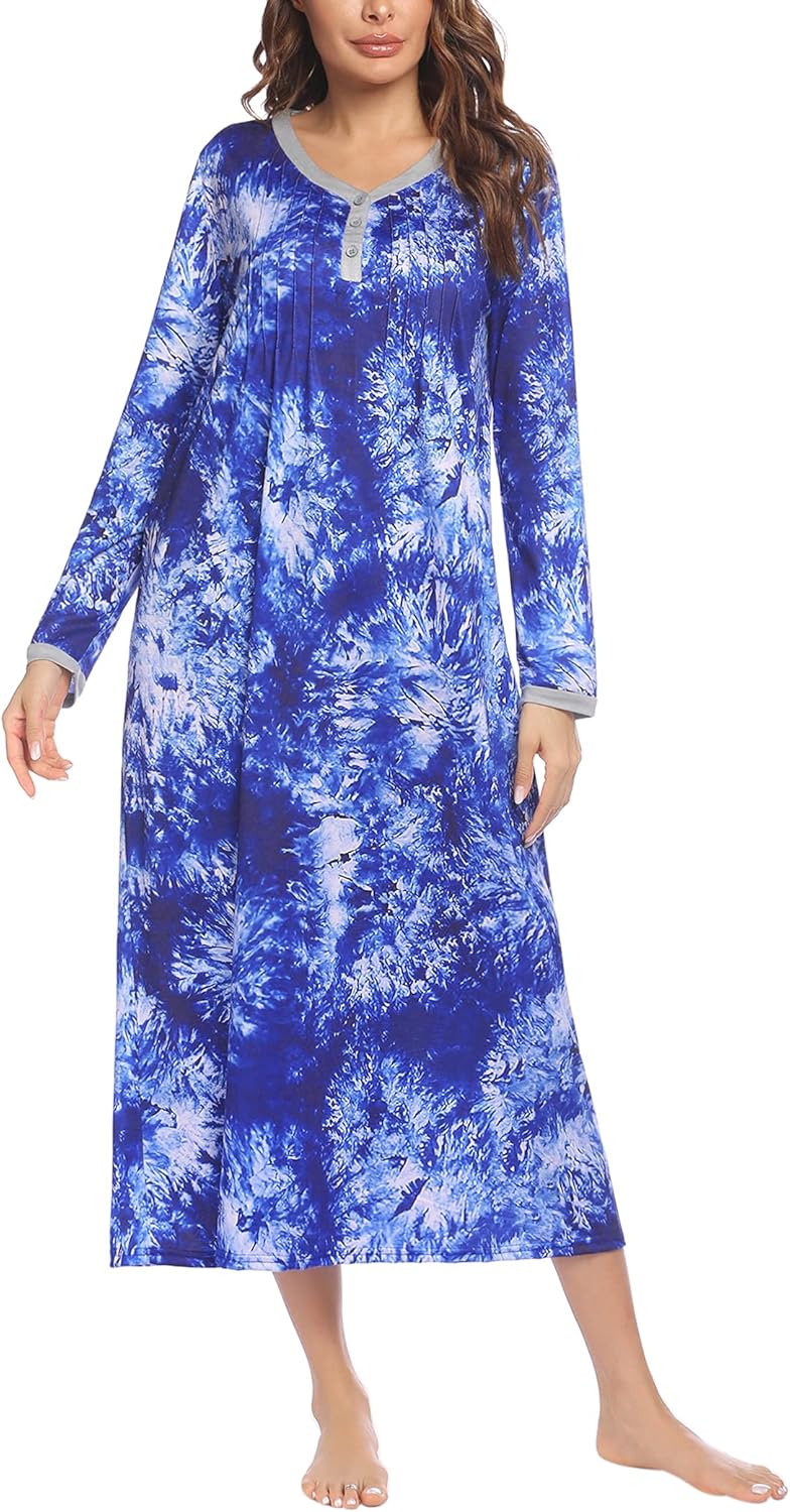 Ekouaer Women's Long Sleeve Nightgown Full Length Sleepwear Long Sleepshirts Henley Sleep Dress S-4XL-88