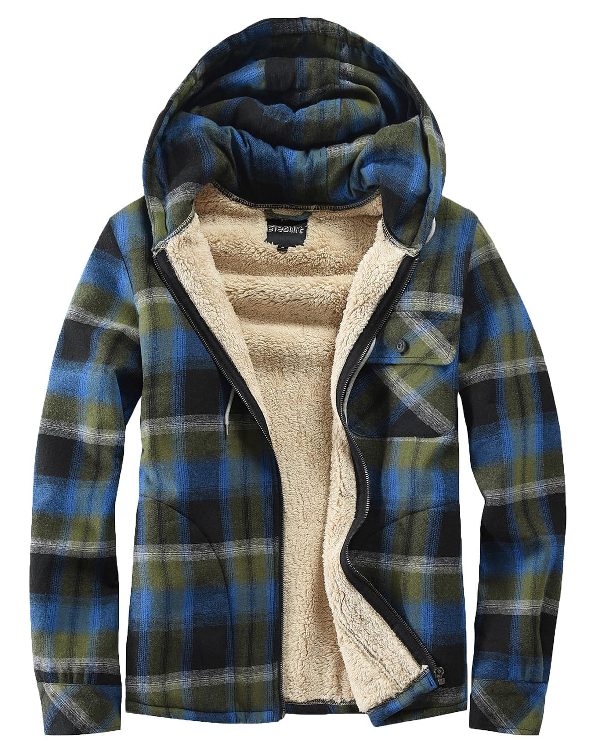 Elesuit Men's Full Zip Fleece Flannel Jacket Shirt Plaid Cotton Hoodie Coat