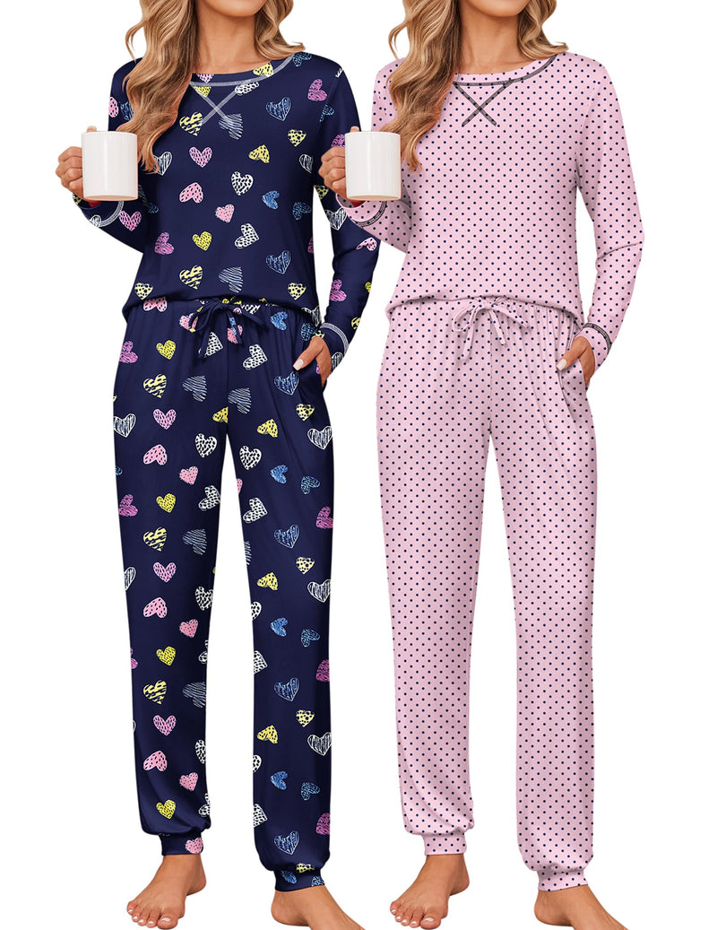 Ekouaer 2 Pack Pajama Sets for Women Long Sleeves Lounge Set Jogger Pants