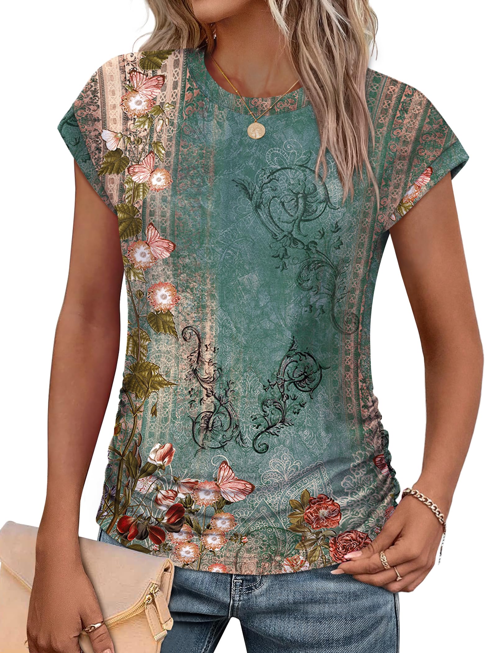 SAMPEEL Womens Summer Tops Trendy 2025 Ruched Cap Short Sleeve Tshirts Shirts Crew Neck T Shirts Fashion-23