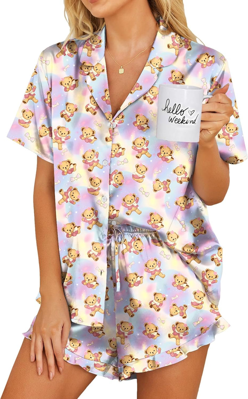 Ekouaer Womens Satin Pajamas Set Button Down 2 Piece Silk Pjs Shorts Set Ruffle Lingerie Notch Collar Sleepwear-36