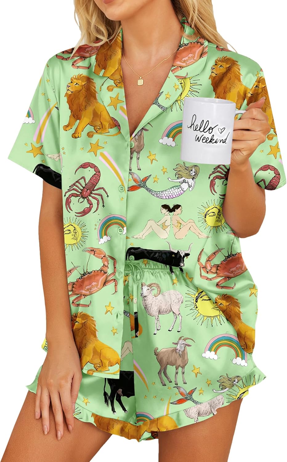 Ekouaer Womens Satin Pajamas Set Button Down 2 Piece Silk Pjs Shorts Set Ruffle Lingerie Notch Collar Sleepwear-31