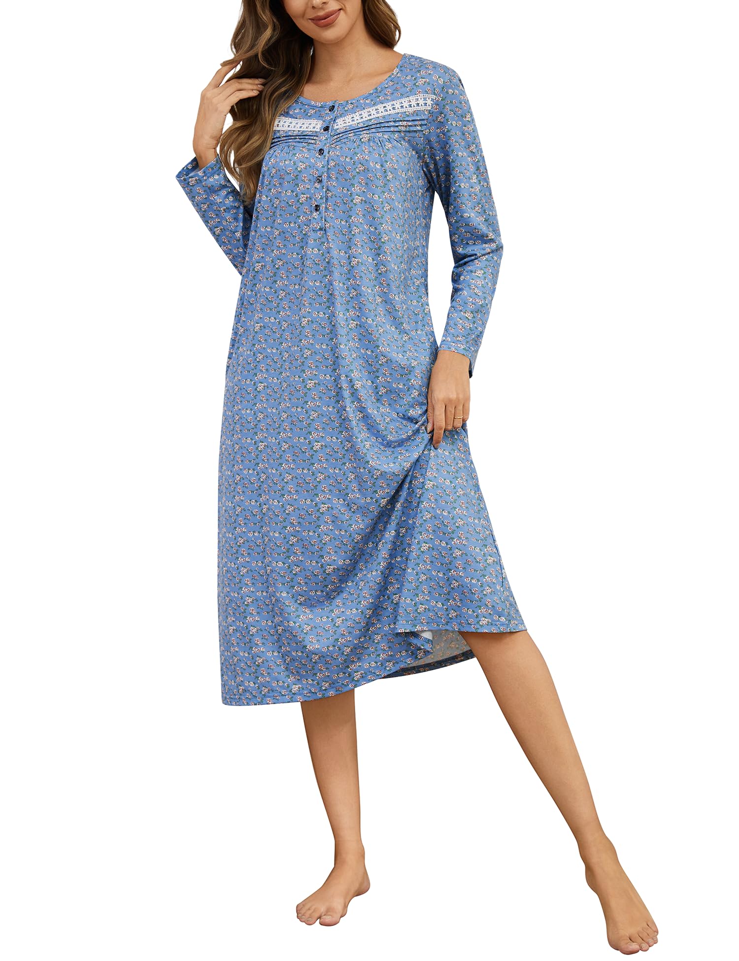 YOZLY Nightgowns for Women Soft Cotton Long Sleeve Night Gwon with Pockets