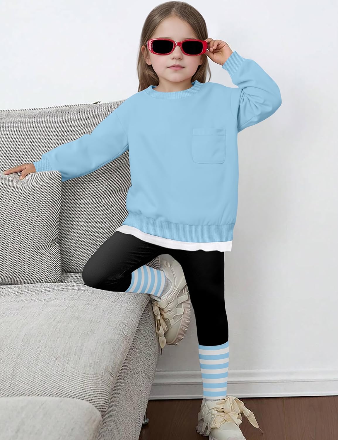 NAPU Little Girls Clothes 2Pcs Girls Outfits Pullover Sweatsuit Patchwork Striped Leggings Pants Set Fall Winter Clothes 2-8Y