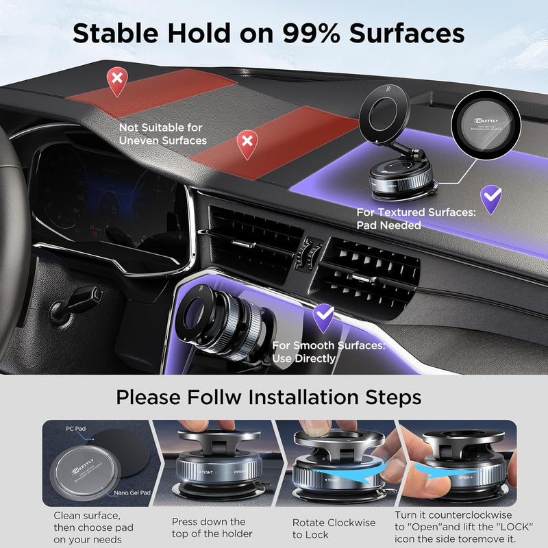 Vacuum Magnetic Phone Holders for Your Car 2026 Suction Cup Phone Mount with Washable Nano Gel Pads 360° Adjustable Phone Mount,Travel Gifts, Car Phone Holder for Smartphone Car/Gym/Mirror