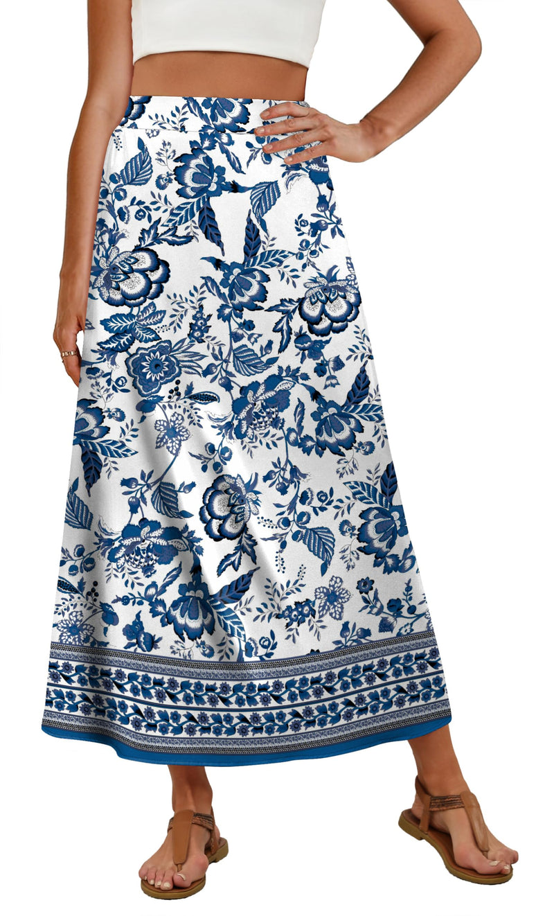 OFEEFAN Womens Maxi Long Skirts with Pockets Stretchy Spring Summer Boho Casual Flowy Trendy