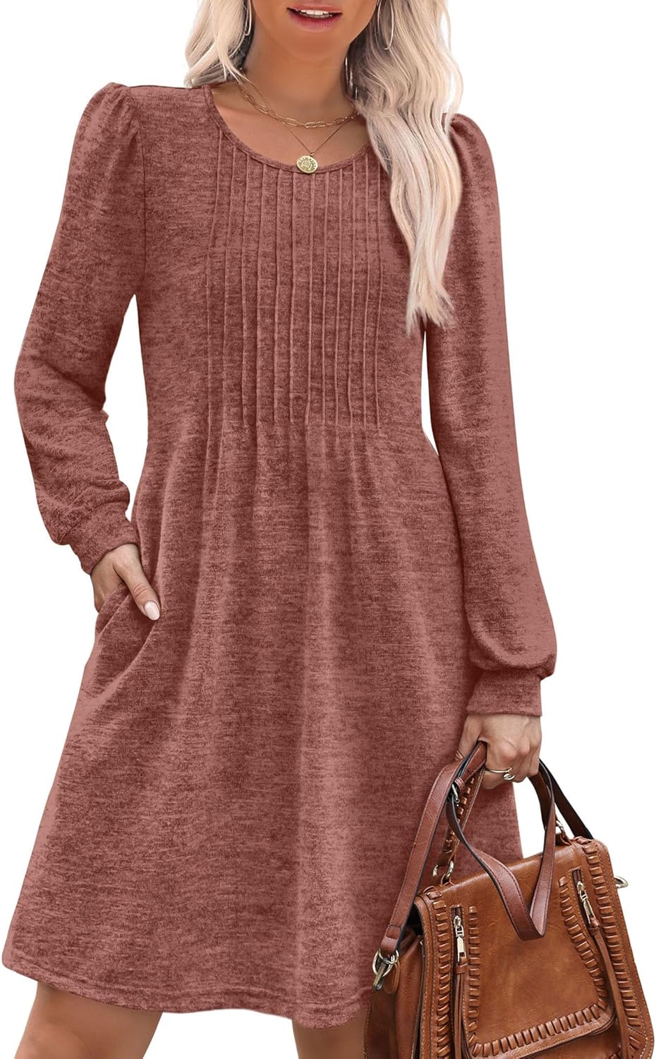 OFEEFAN Long Sleeve Dress for Women Pleated Crew Neck Casual Babydoll Sweater Dress with Pockets Fall Outfits Fashion-38