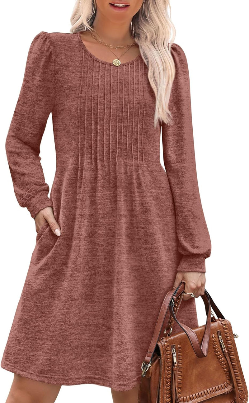 OFEEFAN Long Sleeve Dress for Women Pleated Crew Neck Casual Babydoll Sweater Dress with Pockets Fall Outfits Fashion-62