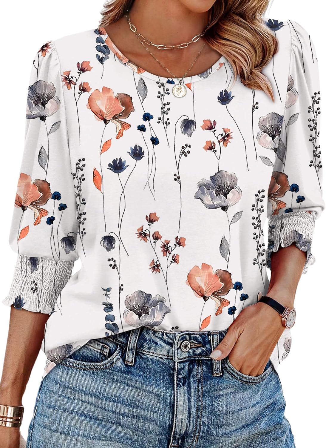 XIEERDUO Blouses for Women Dressy Casual 3/4 Length Sleeve Womens Tops with Smocked Cuffs-45