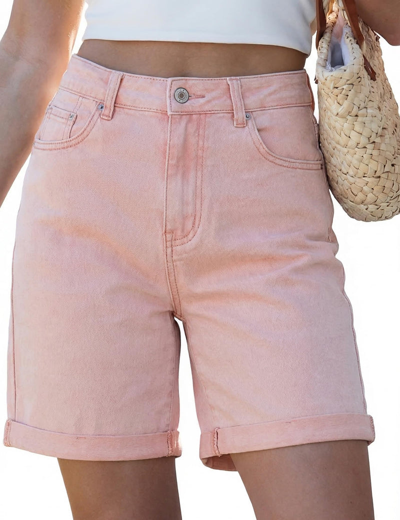luvamia Jean Shorts for Women High Waisted Trendy Causal Summer Fold Hem Stretchy Long Denim Shorts 7 Inch Inseam