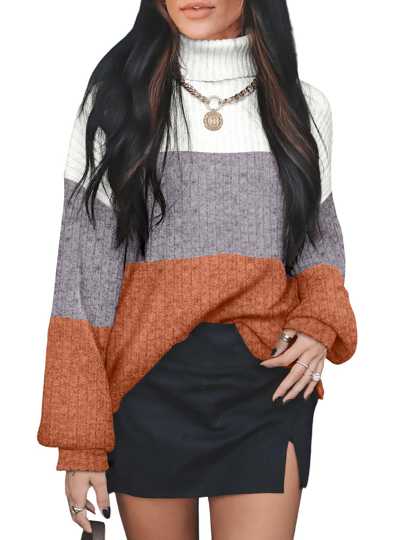 OFEEFAN Turtlenecks Tops for Women Oversized Sweaters Fall Outfits 2025 Plus Size Clothes Long Sleeve Shirts Color Block-3