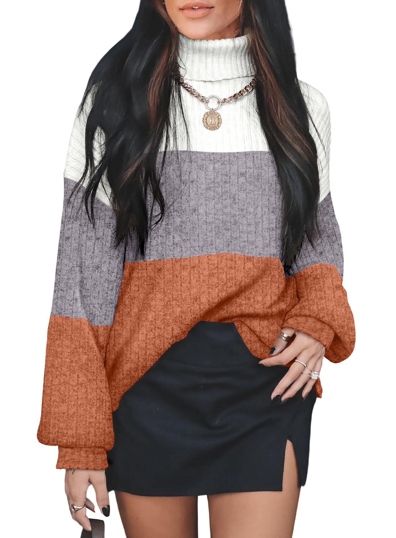 OFEEFAN Turtlenecks Tops for Women Oversized Sweaters Fall Outfits 2025 Plus Size Clothes Long Sleeve Shirts Color Block-44