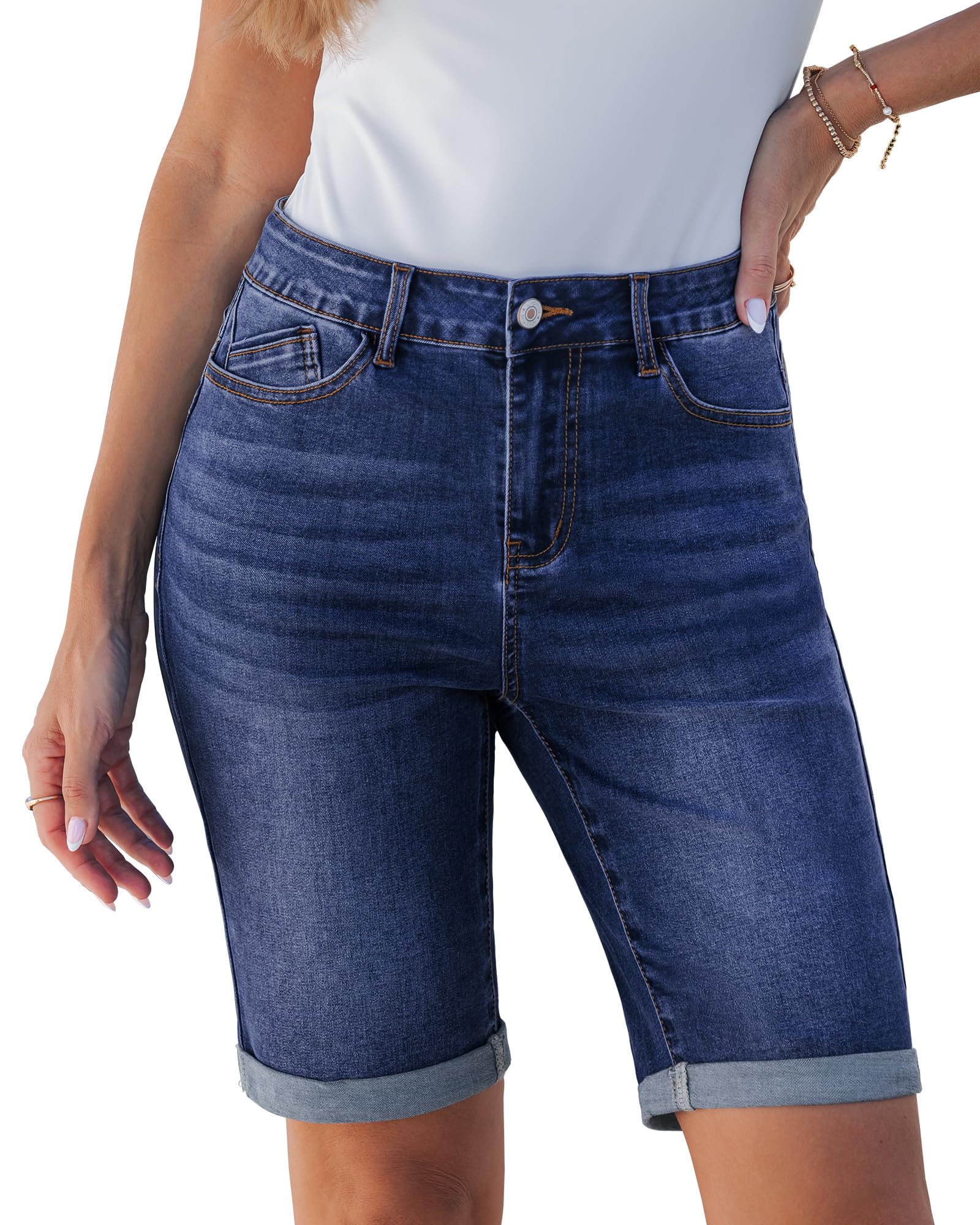 luvamia Bermuda Jean Shorts for Women Knee Length High Waisted Trendy Cuffed Hem Long Stretchy Denim Shorts Summer Jorts