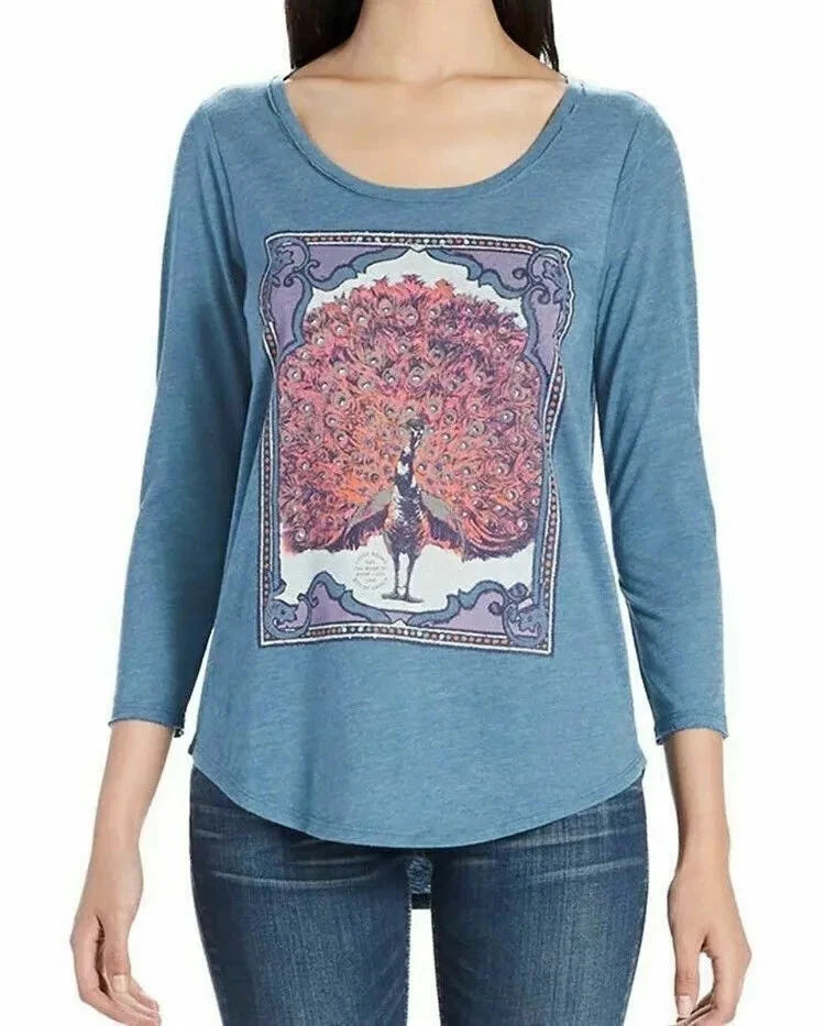 Lucky Brand Ladies' 3/4 Sleeve Crew Neck Graphic Tee, BLUE PEACOAK, S