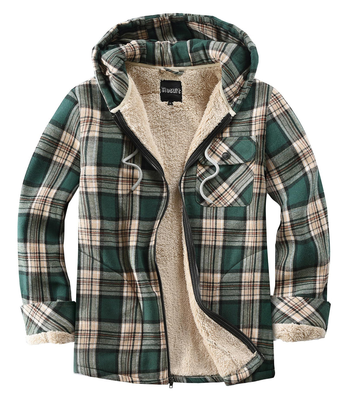 Elesuit Men's Full Zip Fleece Flannel Jacket Shirt Plaid Cotton Hoodie Coat