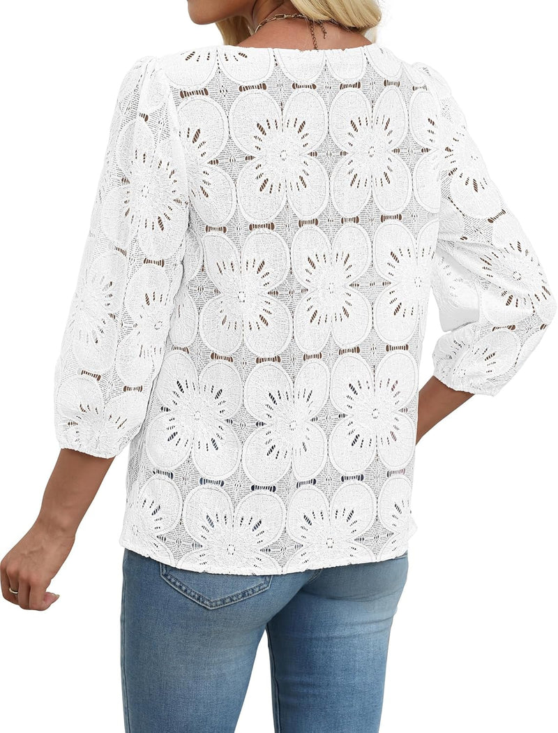 Sampeel Women Blouses Dressy Casual 3/4 Length Sleeve Tops Eyelet Lace Spring Summer Shirts Beach Vacation Clothes