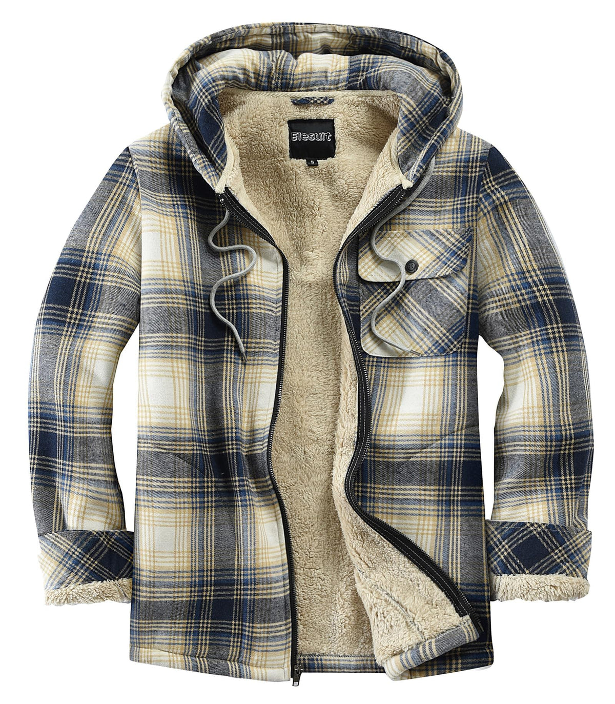 Elesuit Men's Full Zip Fleece Flannel Jacket Shirt Plaid Cotton Hoodie Coat