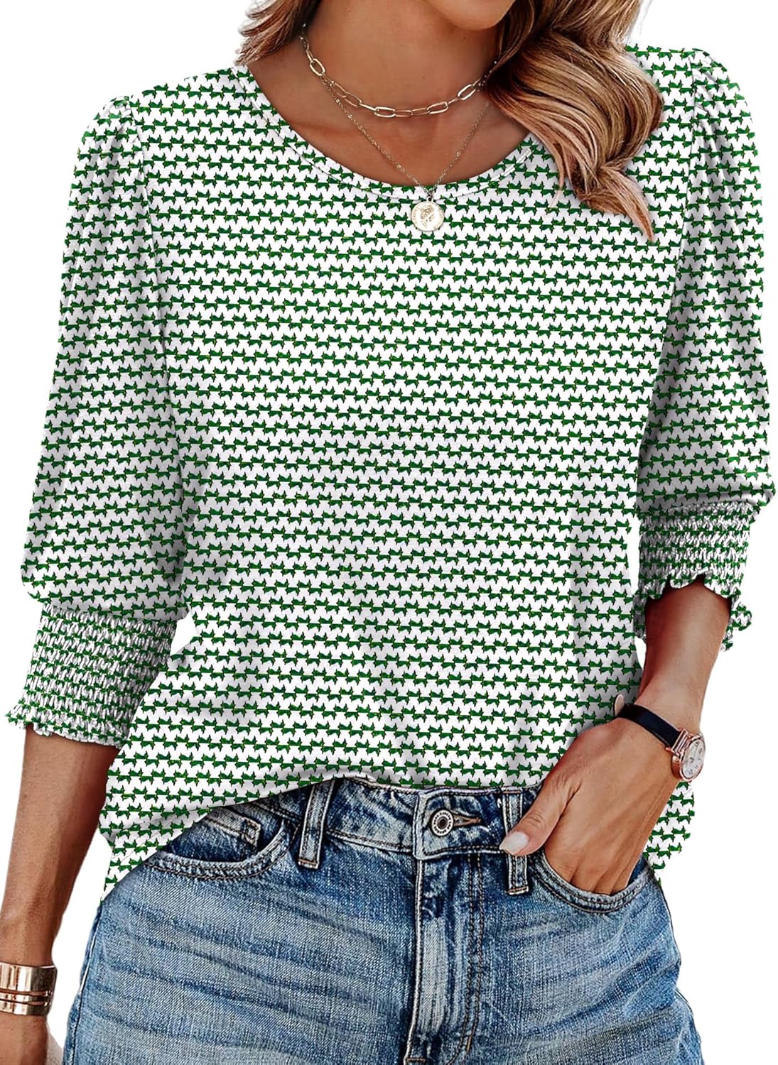 XIEERDUO Blouses for Women Dressy Casual 3/4 Length Sleeve Womens Tops with Smocked Cuffs-52
