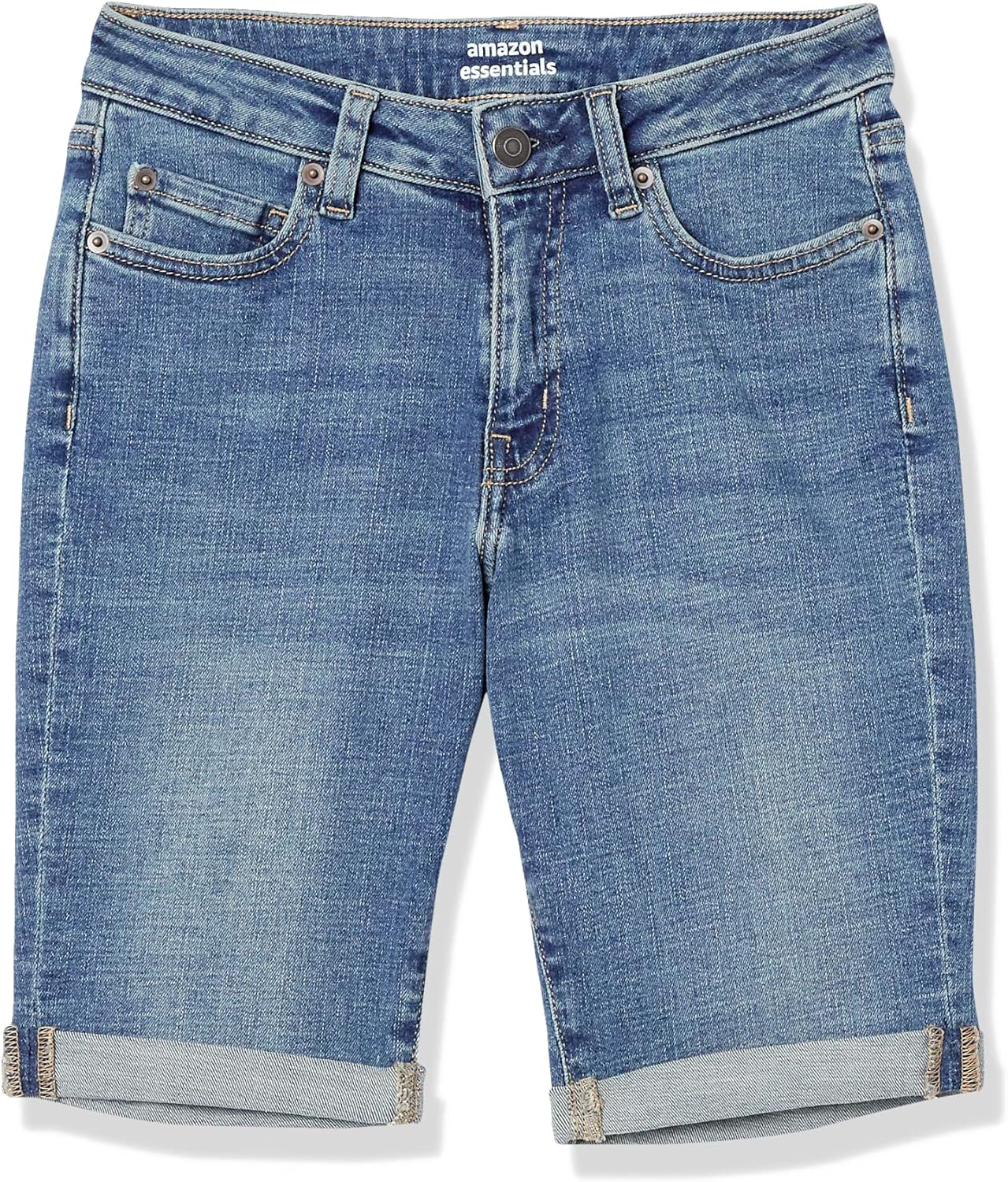 Amazon Essentials Women's Mid-Rise Stretchy Slim Fit Denim Bermuda Shorts with Pockets