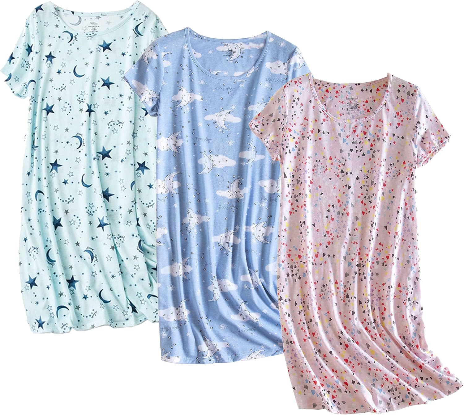 PNAEONG 3 Pack Women's Cotton Nightgown Sleepwear Short Sleeves Shirt Casual Print Sleepdress-6