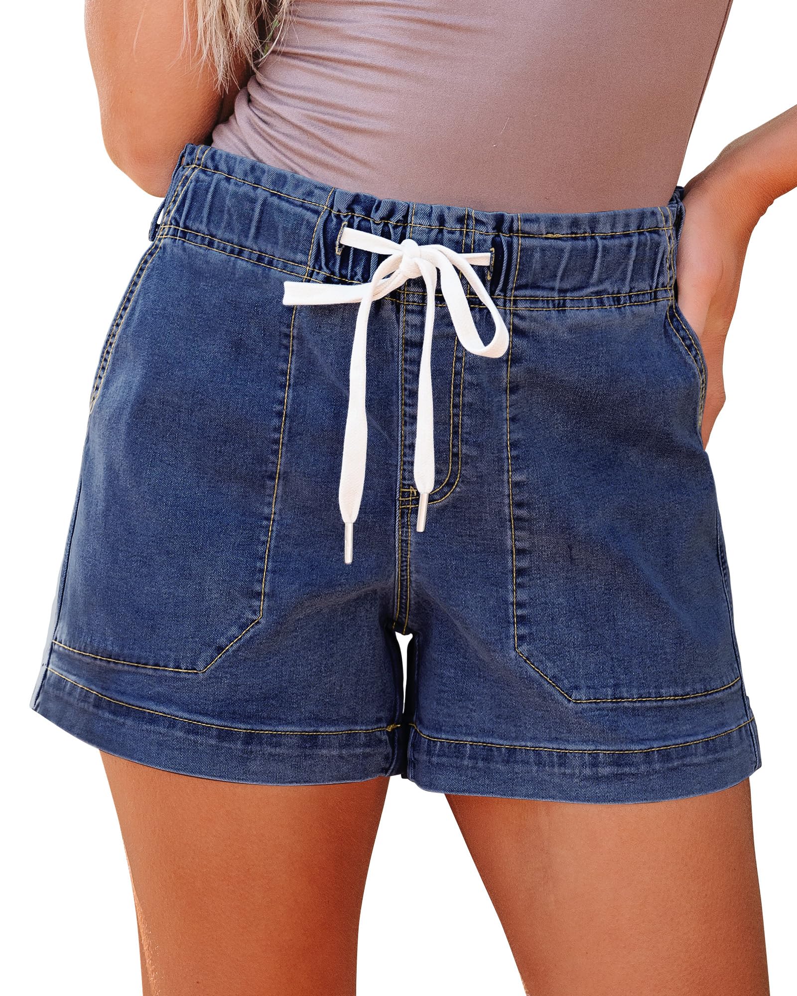 luvamia Jean Shorts for Women High Waisted Pull On Drawstring Elastic Waist Trendy Stretchy Denim Jorts Summer Shorts