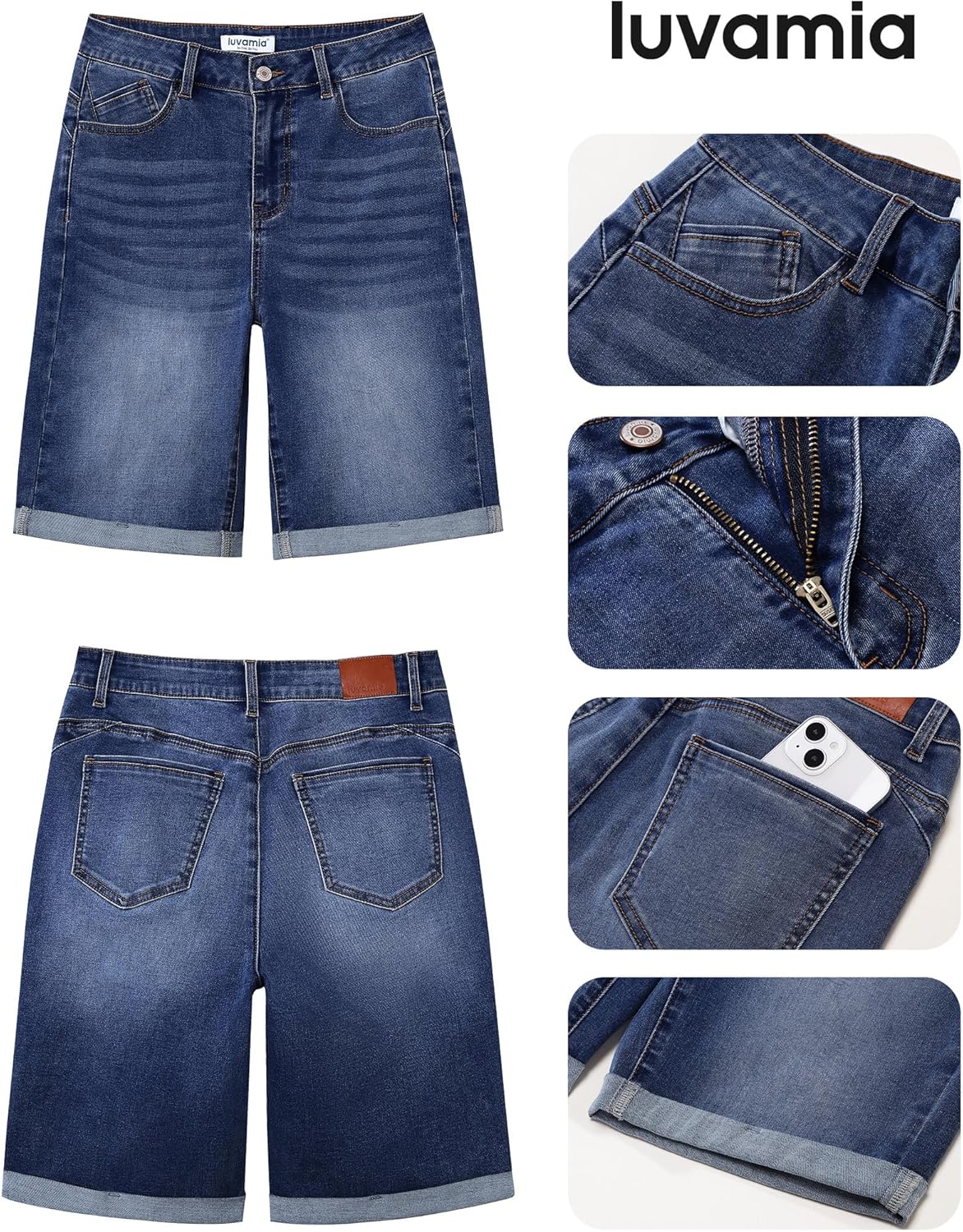 luvamia Bermuda Jean Shorts for Women Knee Length High Waisted Trendy Cuffed Hem Long Stretchy Denim Shorts Summer Jorts