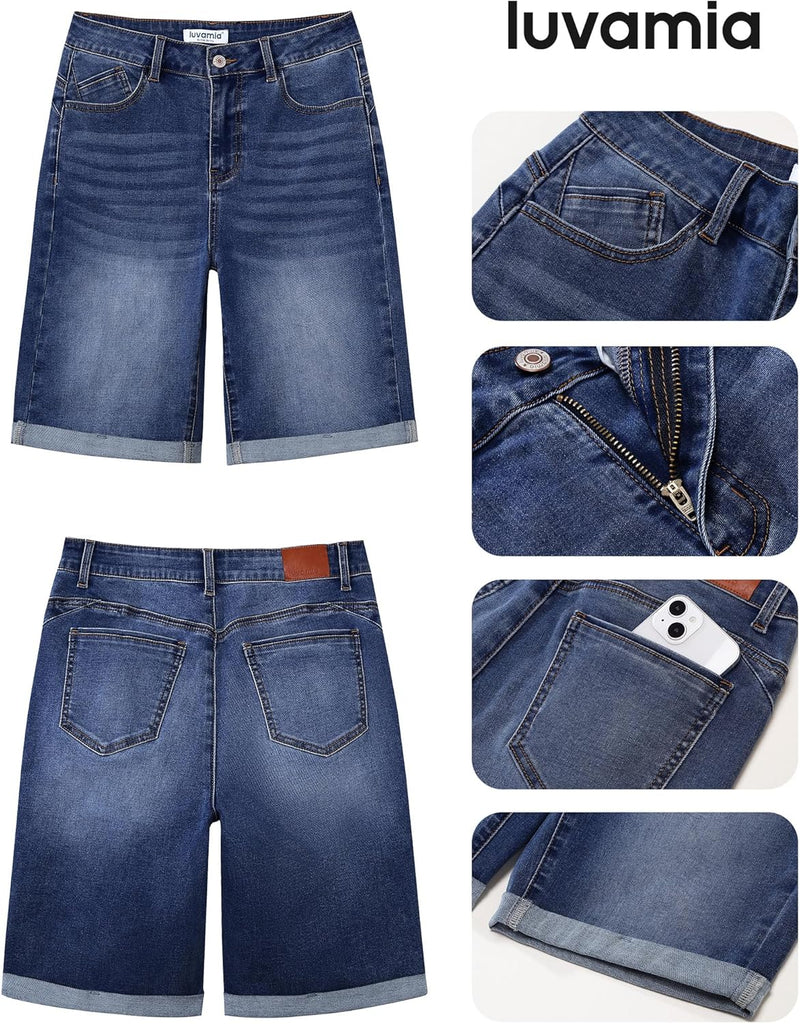 luvamia Bermuda Jean Shorts for Women Knee Length High Waisted Trendy Cuffed Hem Long Stretchy Denim Shorts Summer Jorts