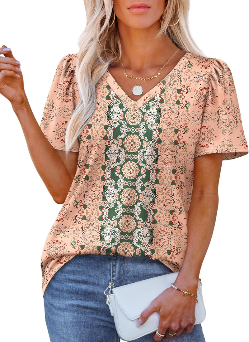 OFEEFAN T Shirts for Women V Neck Dressy Casual Blouses Puff Short Sleeve Summer Tops Loose Fit-100