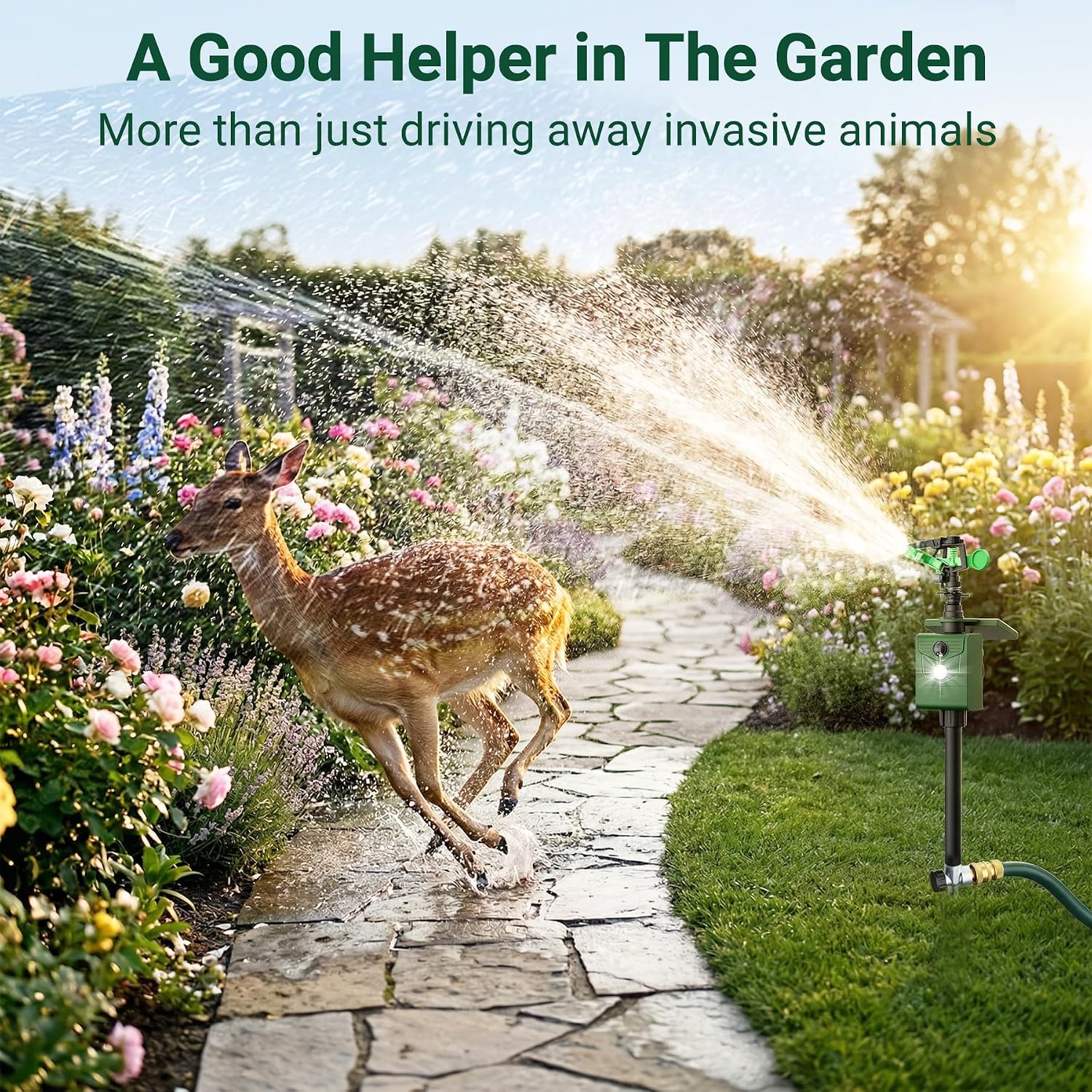 2 Packs Motion Activated Animal Repeller with Water Sprinkler, Deer Repellent Devices Solar Powered, IP65 Waterproof Deer Repellent with Flashing Light, Deter Cats Dogs Skunks Raccoons from Garden