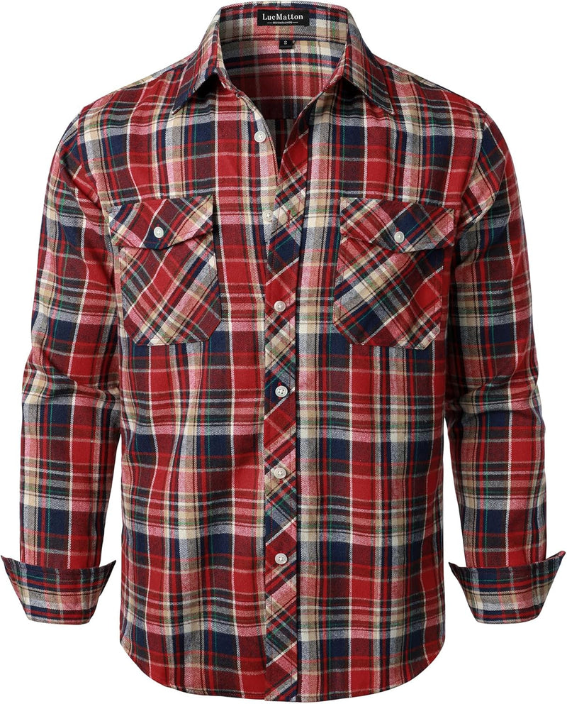LucMatton Men's Flannel Shirt Casual Regular Fit Long Sleeve Button Down Plaid Shirt with Pocket-18