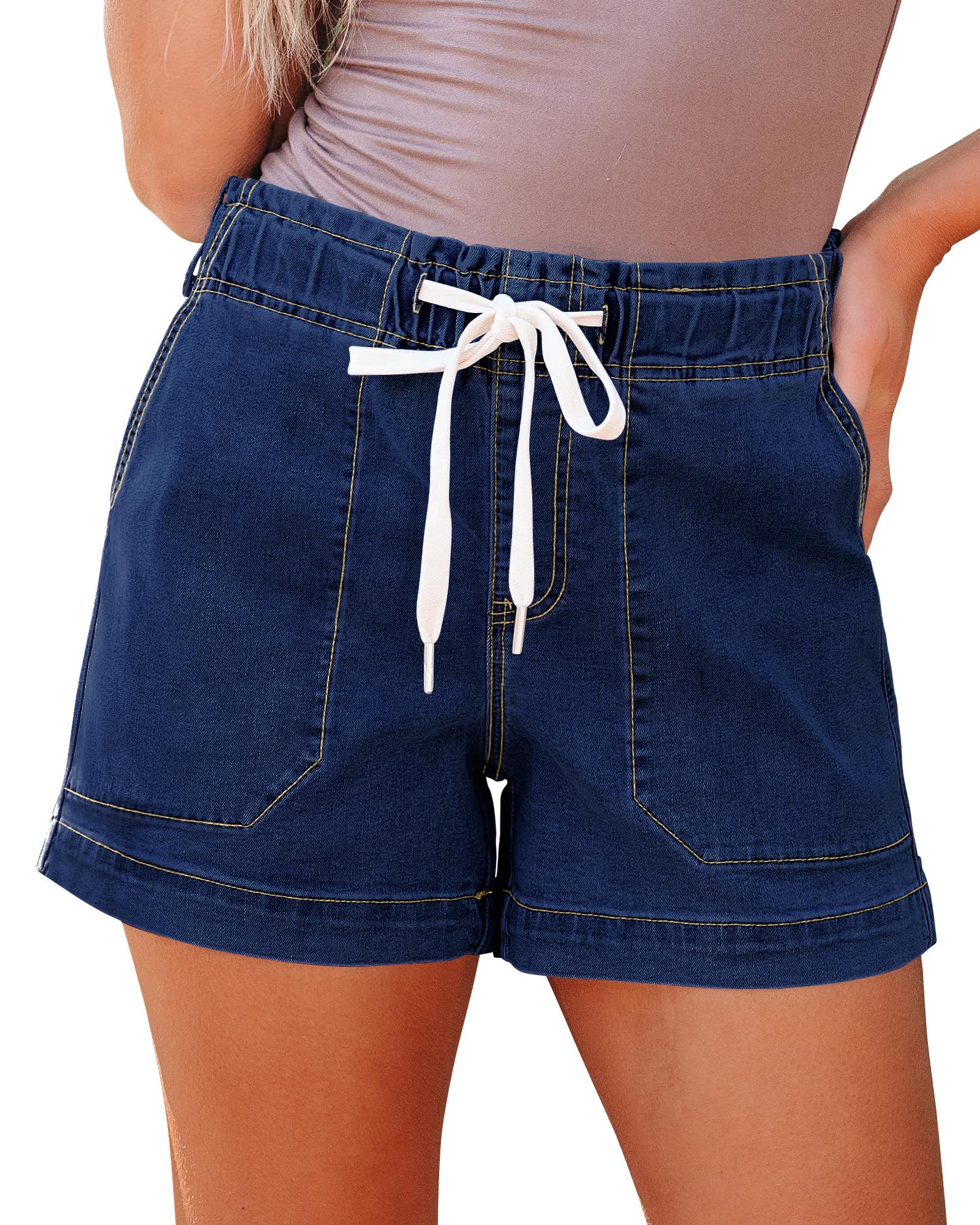 luvamia Jean Shorts for Women High Waisted Pull On Drawstring Elastic Waist Trendy Stretchy Denim Jorts Summer Shorts