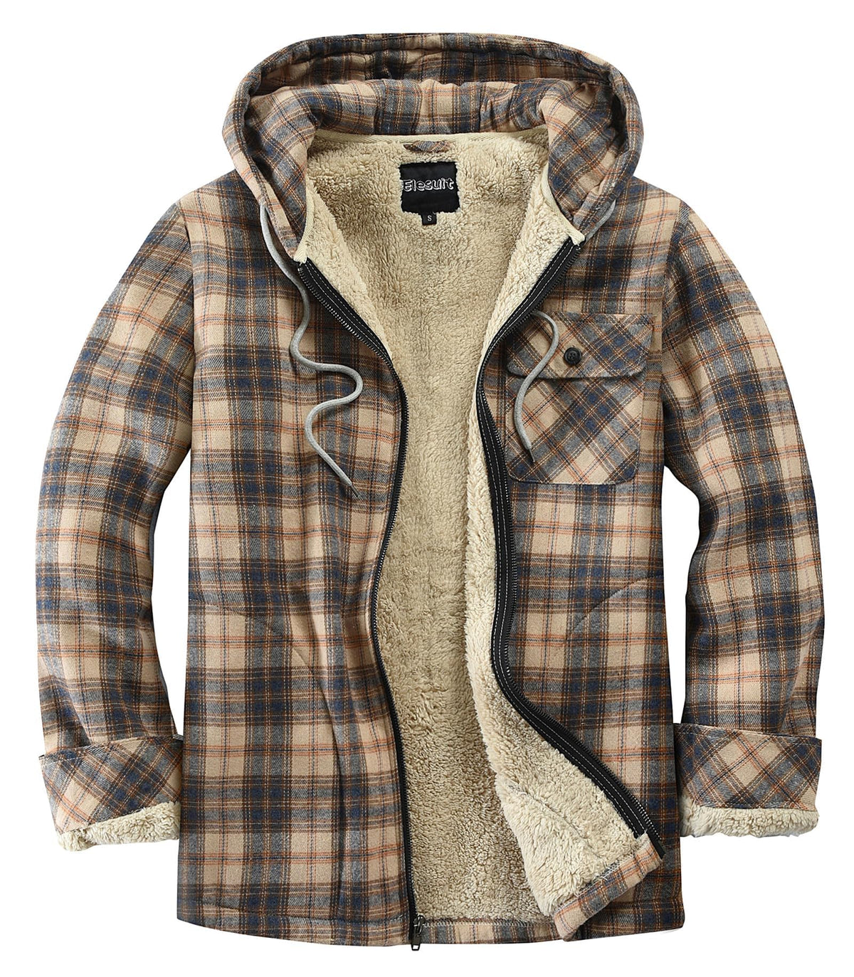 Elesuit Men's Full Zip Fleece Flannel Jacket Shirt Plaid Cotton Hoodie Coat