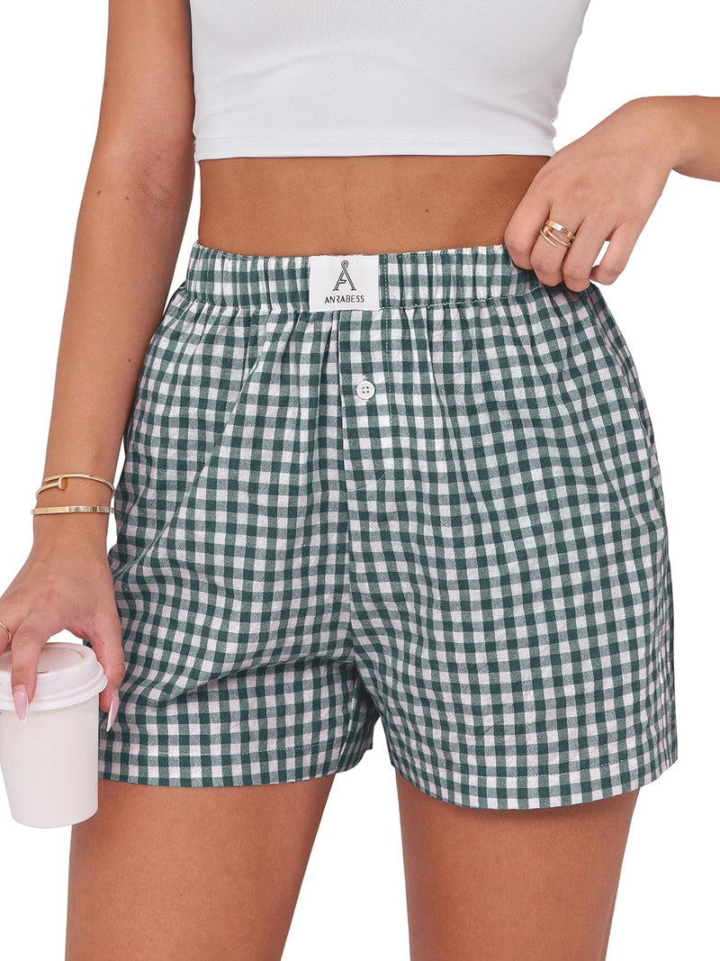 ANRABESS Boxer Shorts for Women Gingham Pajama 2026 Summer Casual Lounge Sleep Plaid Shorts Y2K Beach Bottoms-12
