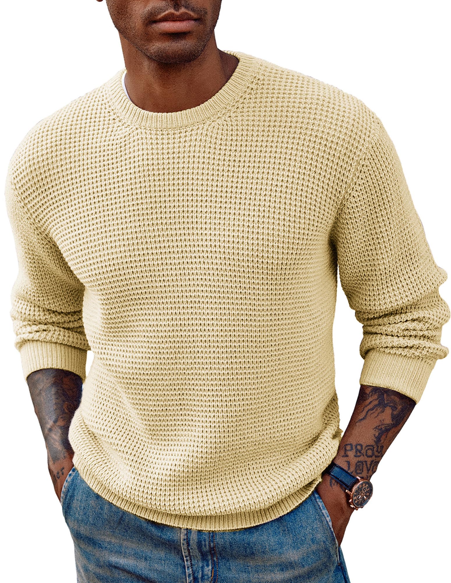 PJ PAUL JONES Mens Pullover Sweater Waffle Textured Long Sleeve Knitted Sweaters-78
