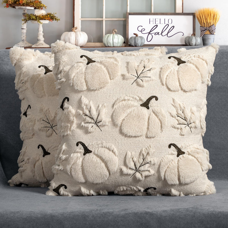 4TH Emotion Fall Pumpkins Leaves Decorative Pillow Covers 18"x18" Set of 2, Beige Soft Plush Faux Fur Throw Cushion Cases for Autumn Thanksgiving Holiday Home Decorations