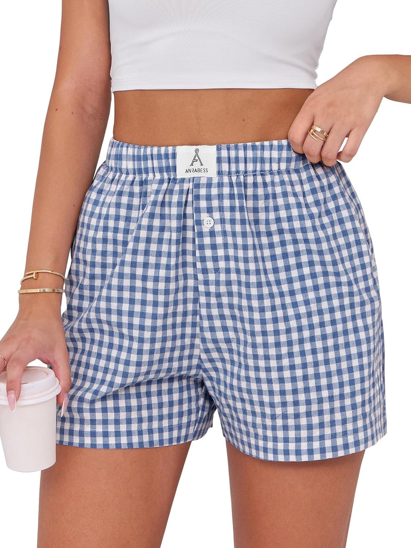 ANRABESS Boxer Shorts for Women Gingham Pajama 2026 Summer Casual Lounge Sleep Plaid Shorts Y2K Beach Bottoms-78