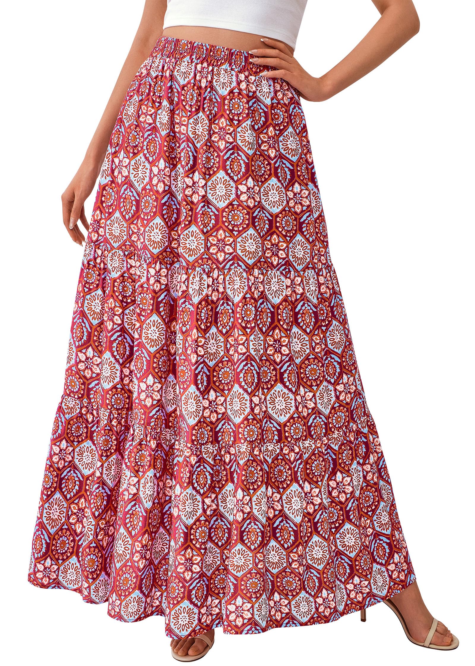 KIRUNDO Maxi Skirts for Women 2026 Summer Boho Floral High Waist Casual Flowy Long Skirt Beach Vacation Cruise Resort Wear