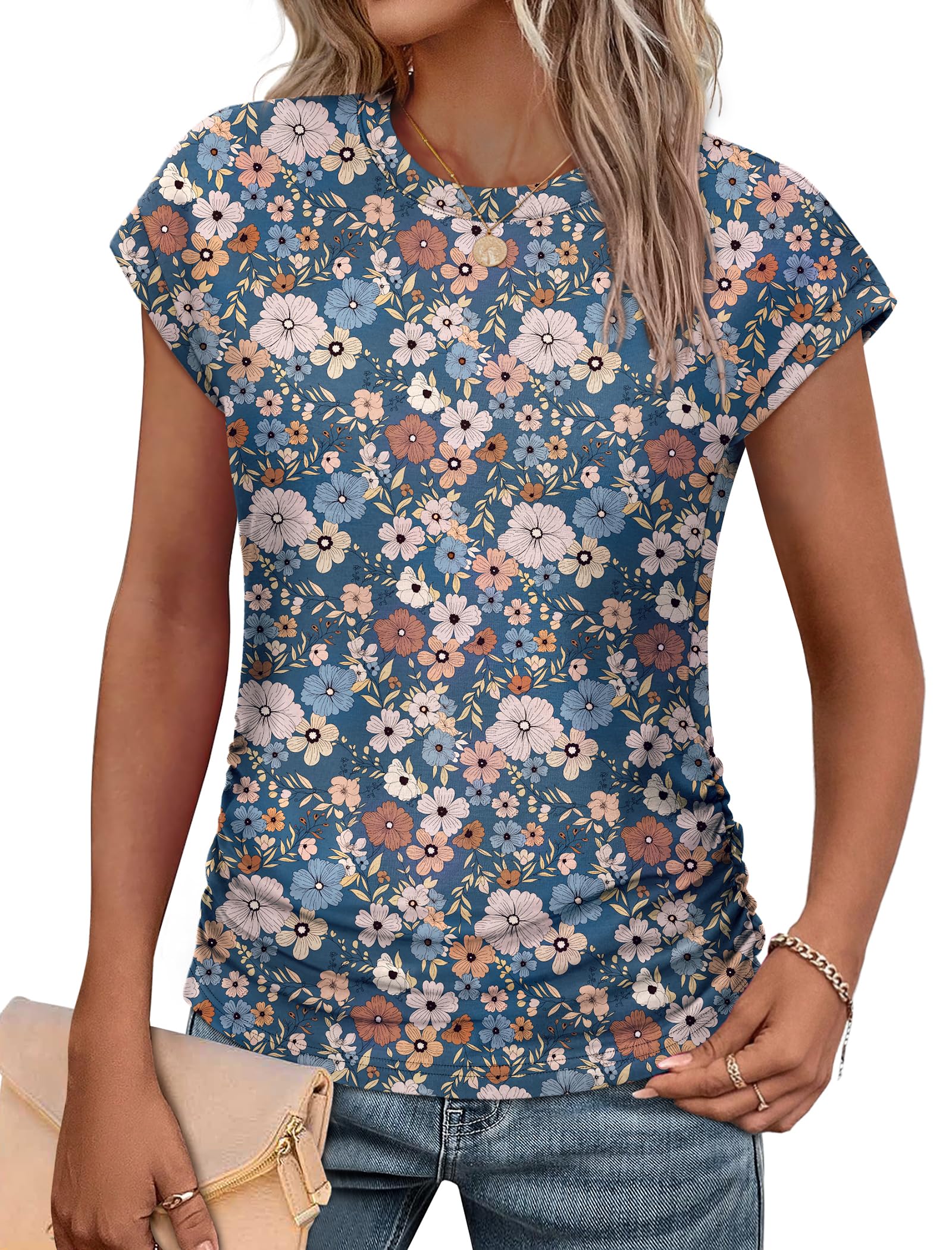 SAMPEEL Womens Summer Tops Trendy 2025 Ruched Cap Short Sleeve Tshirts Shirts Crew Neck T Shirts Fashion-3