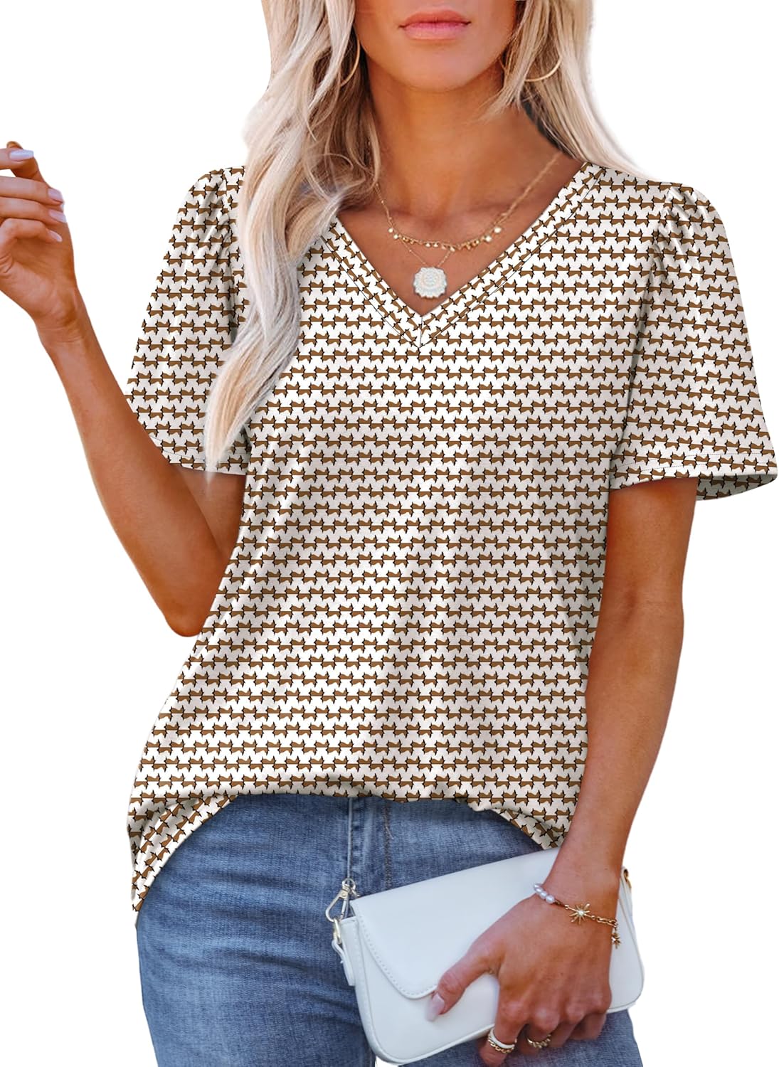 OFEEFAN T Shirts for Women V Neck Dressy Casual Blouses Puff Short Sleeve Summer Tops Loose Fit-89