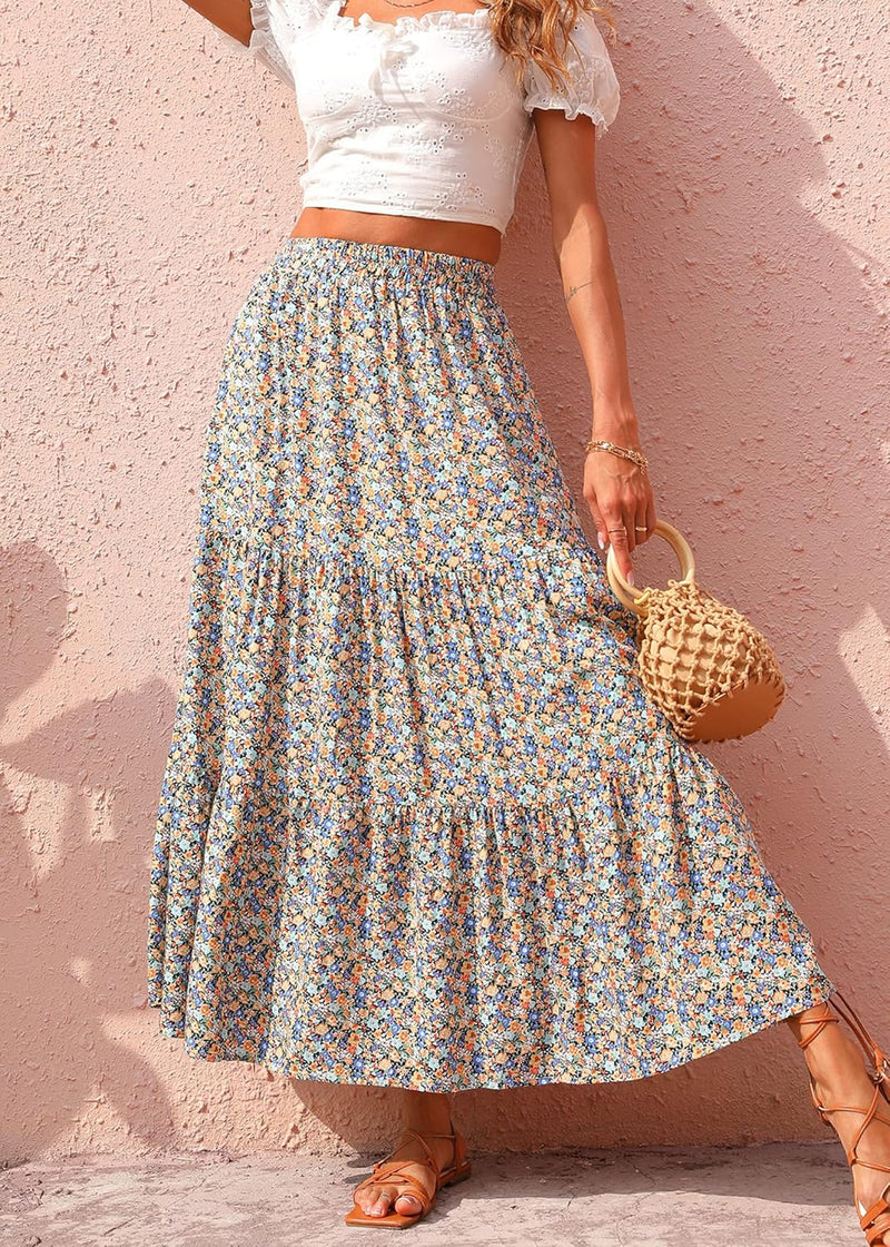 KIRUNDO Maxi Skirts for Women 2026 Summer Boho Floral High Waist Casual Flowy Long Skirt Beach Vacation Cruise Resort Wear
