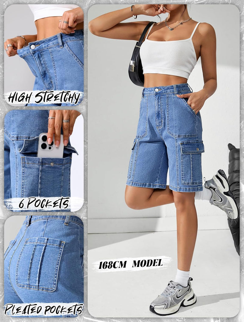 Eddoyee Bermuda Cargo Shorts for Women Casual Long Knee Length High Waisted Stretch Wide Leg Relaxed Fit
