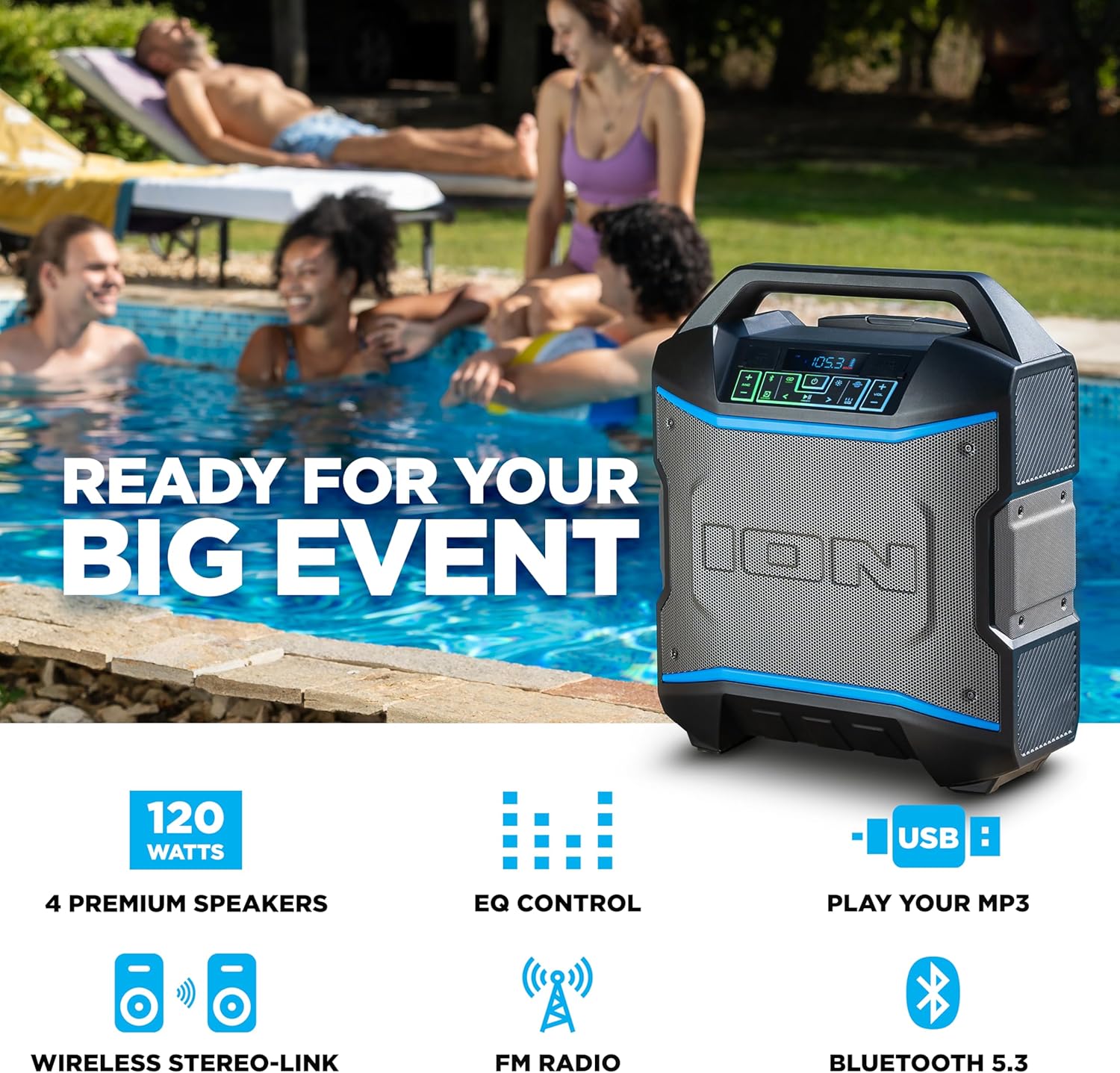 ION Block Rocker - Portable Bluetooth Outdoor Party Speaker with Karaoke Microphone, Battery, 4 Speakers, Radio, USB Port, App, Water-Resistant, 120W