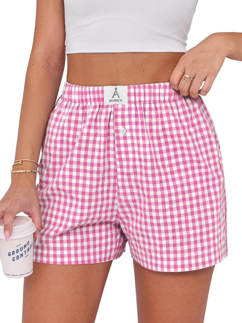 ANRABESS Boxer Shorts for Women Gingham Pajama 2026 Summer Casual Lounge Sleep Plaid Shorts Y2K Beach Bottoms-61
