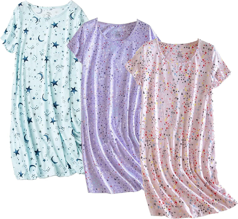 PNAEONG 3 Pack Women's Cotton Nightgown Sleepwear Short Sleeves Shirt Casual Print Sleepdress-51