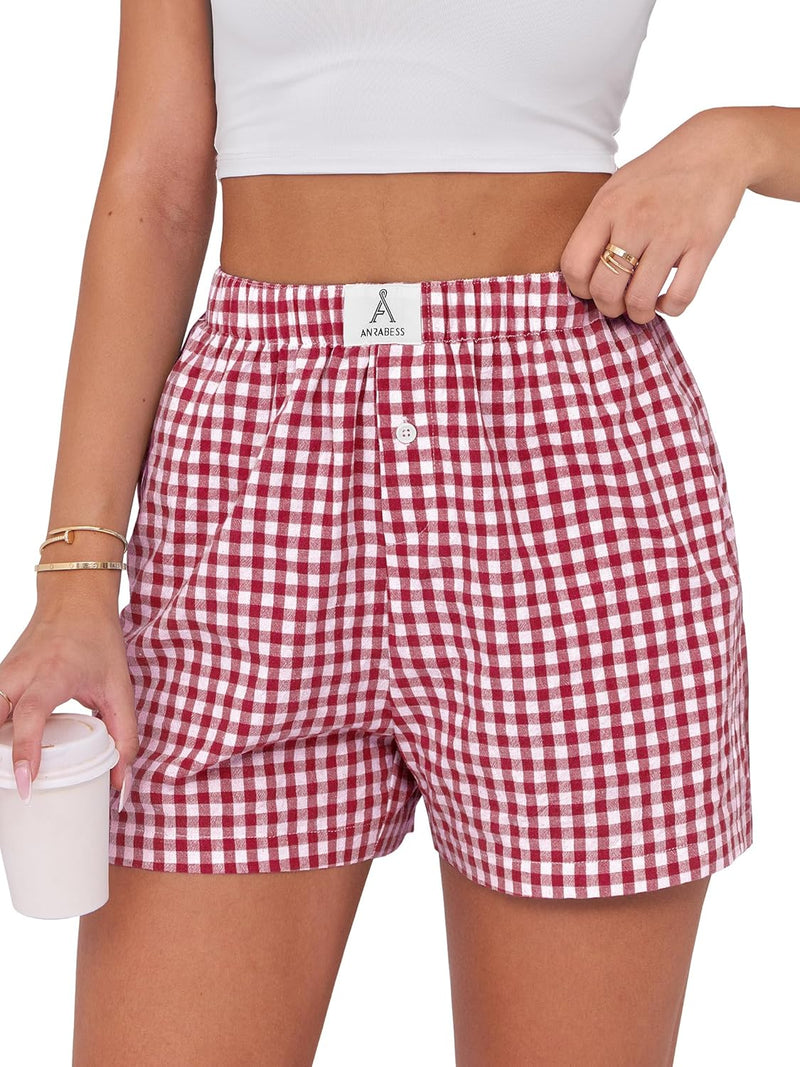ANRABESS Boxer Shorts for Women Gingham Pajama 2026 Summer Casual Lounge Sleep Plaid Shorts Y2K Beach Bottoms-11