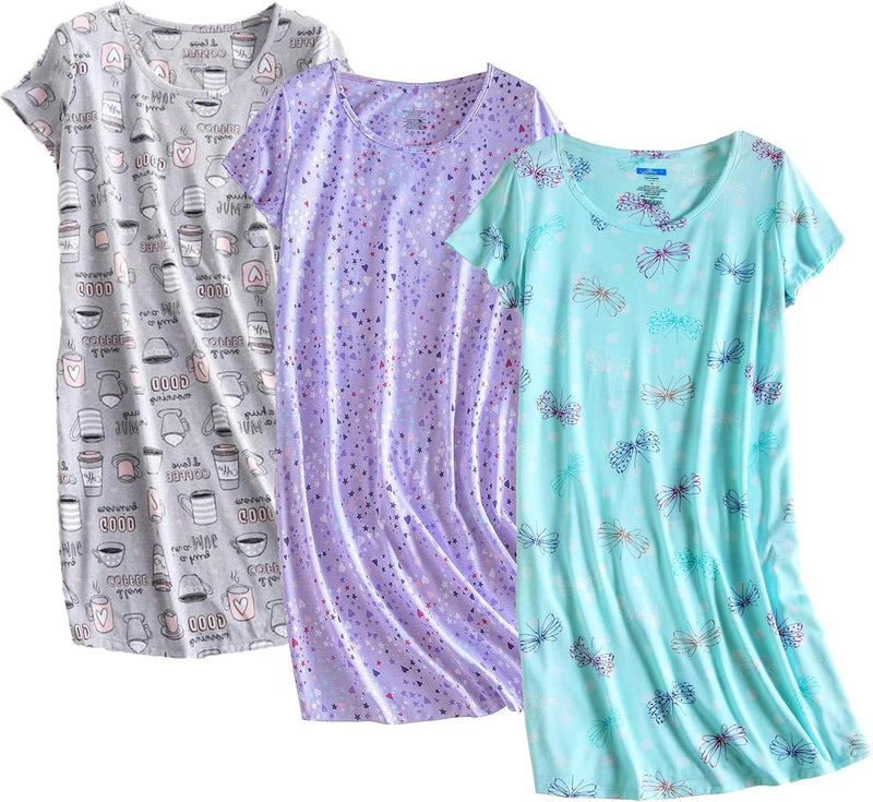 PNAEONG 3 Pack Women's Cotton Nightgown Sleepwear Short Sleeves Shirt Casual Print Sleepdress-61
