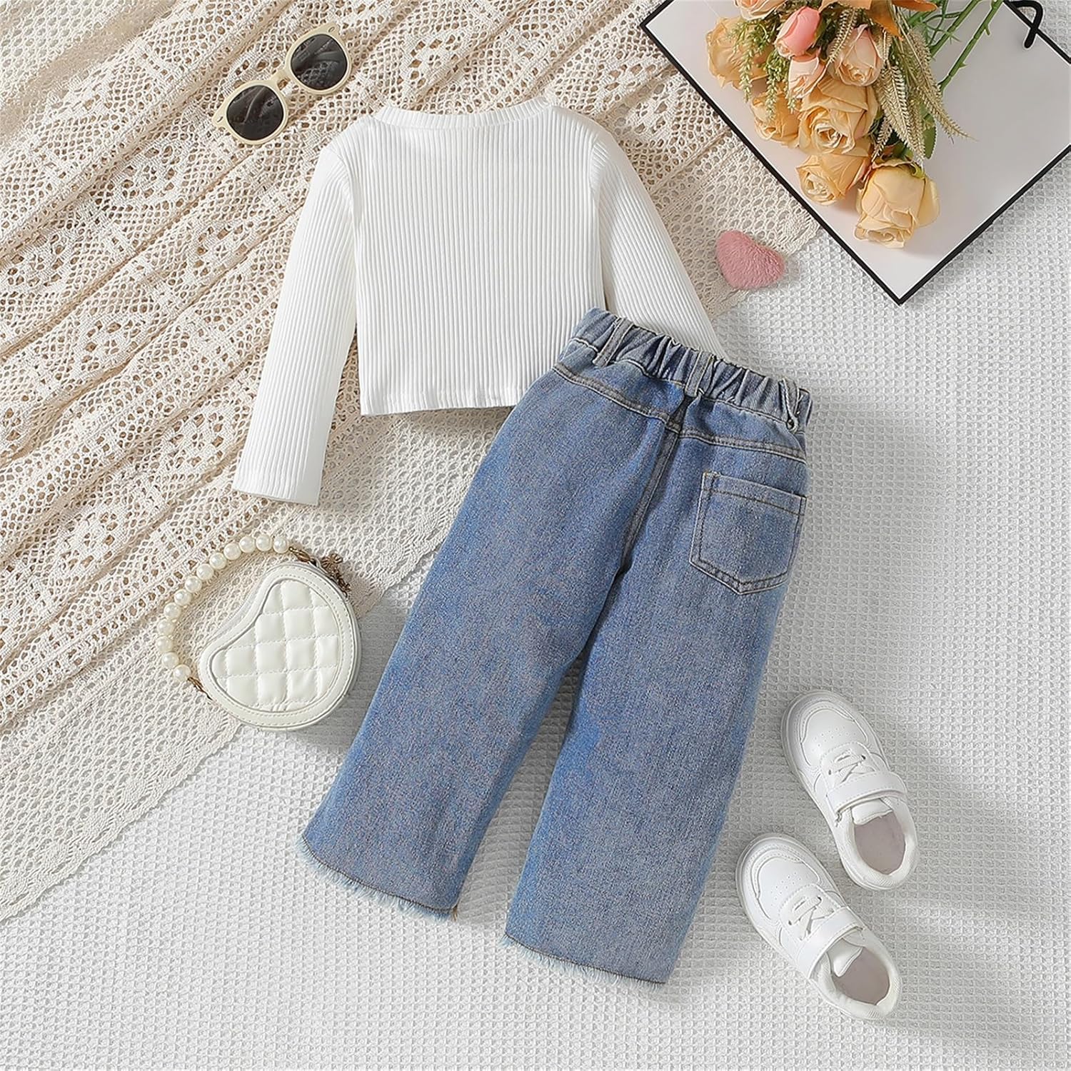 Toddler Girls Clothes 2T 3T 4T 5T 6T Ribbed Baby Kids Girl Denim Outfits Long Sleeve Tops Love Hearts Jeans Pant