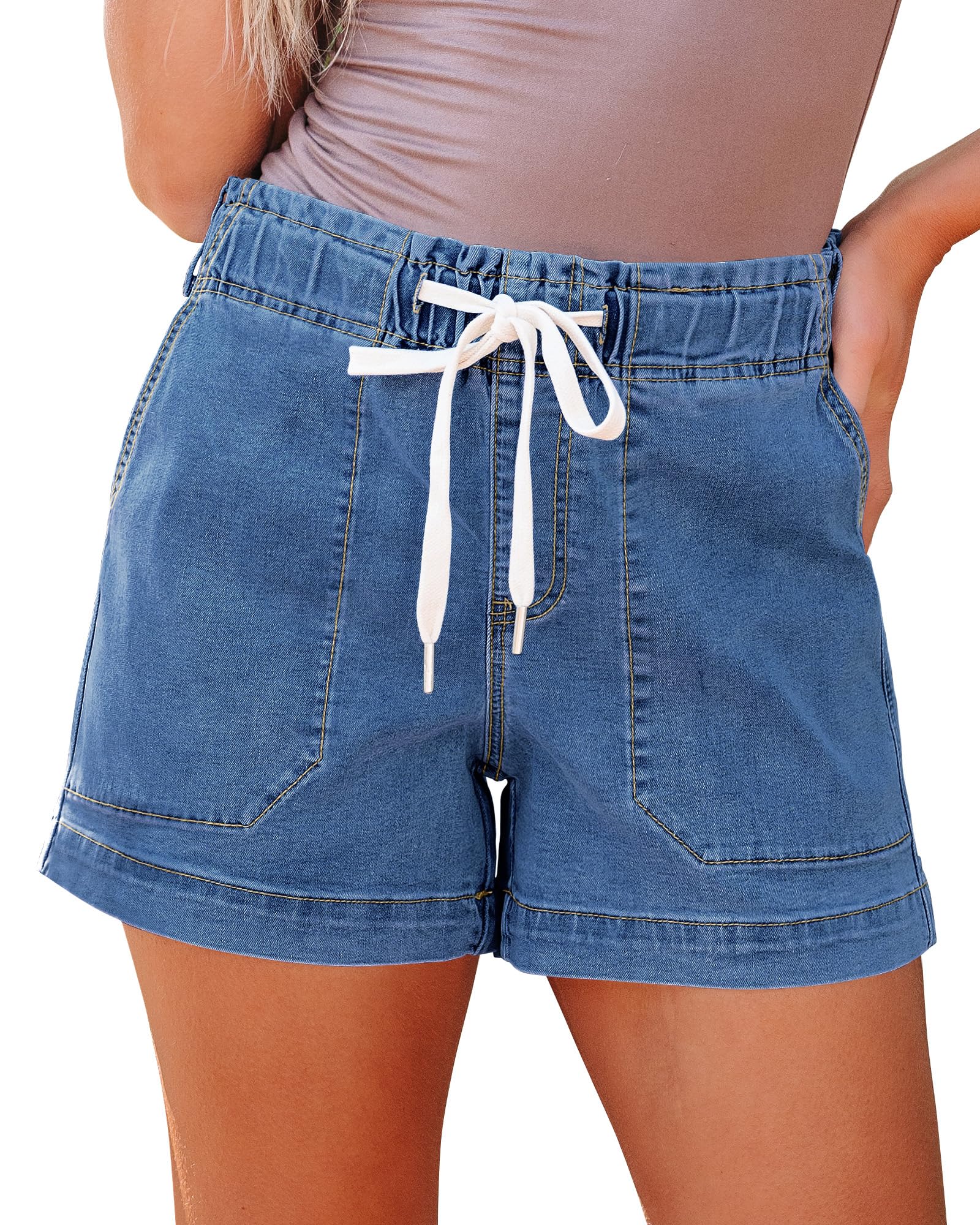 luvamia Jean Shorts for Women High Waisted Pull On Drawstring Elastic Waist Trendy Stretchy Denim Jorts Summer Shorts